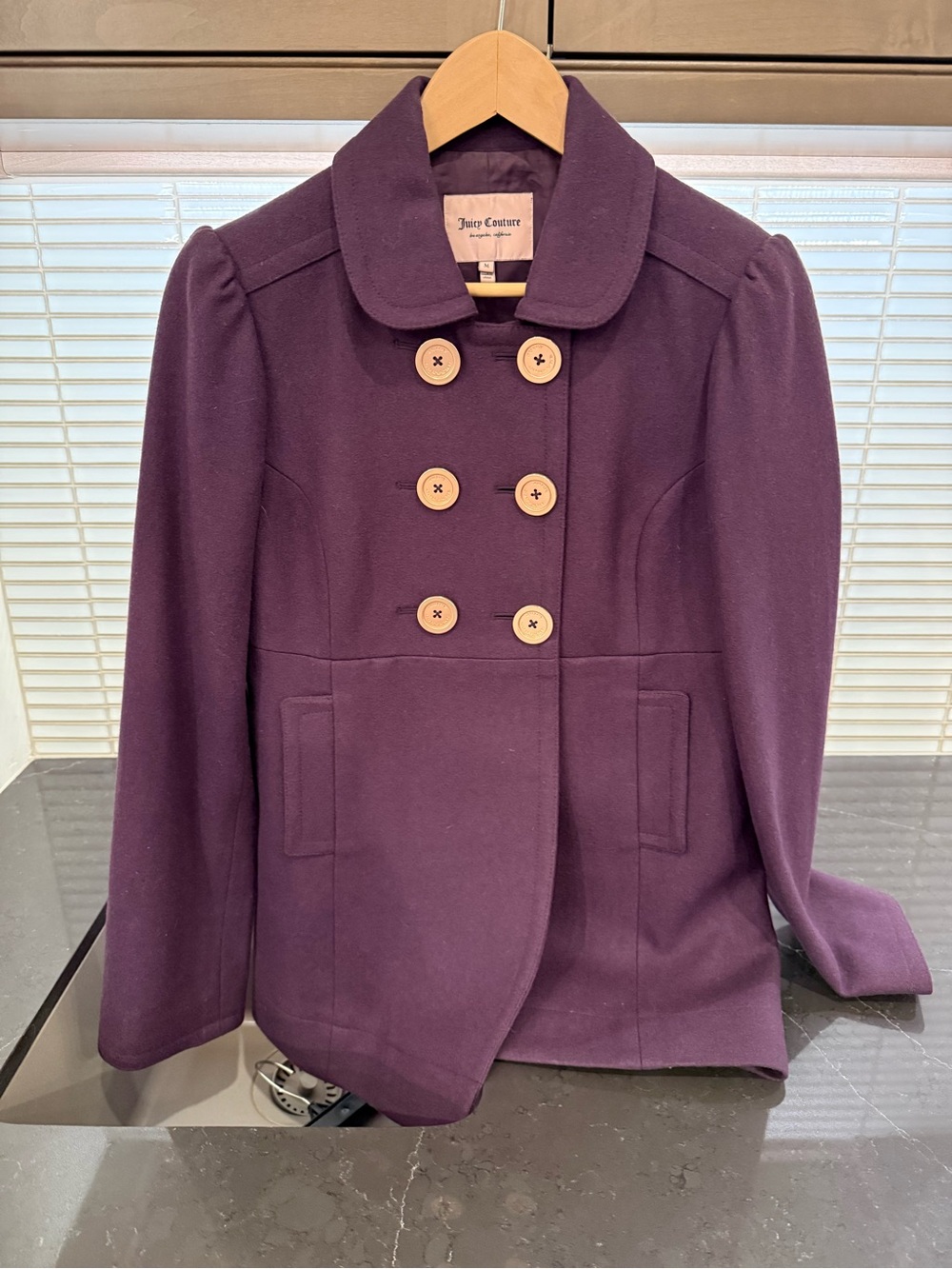 Juicy Couture Plum Double-Breasted Peacoat with Contrast Buttons